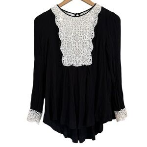 Free People Black Blouse with White Lace Detail